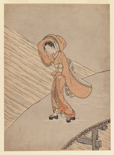 Young Girl Crossing a Bridge After Snow: Calendar Year of the Second Year of Meiwa by Suzuki Harunobu